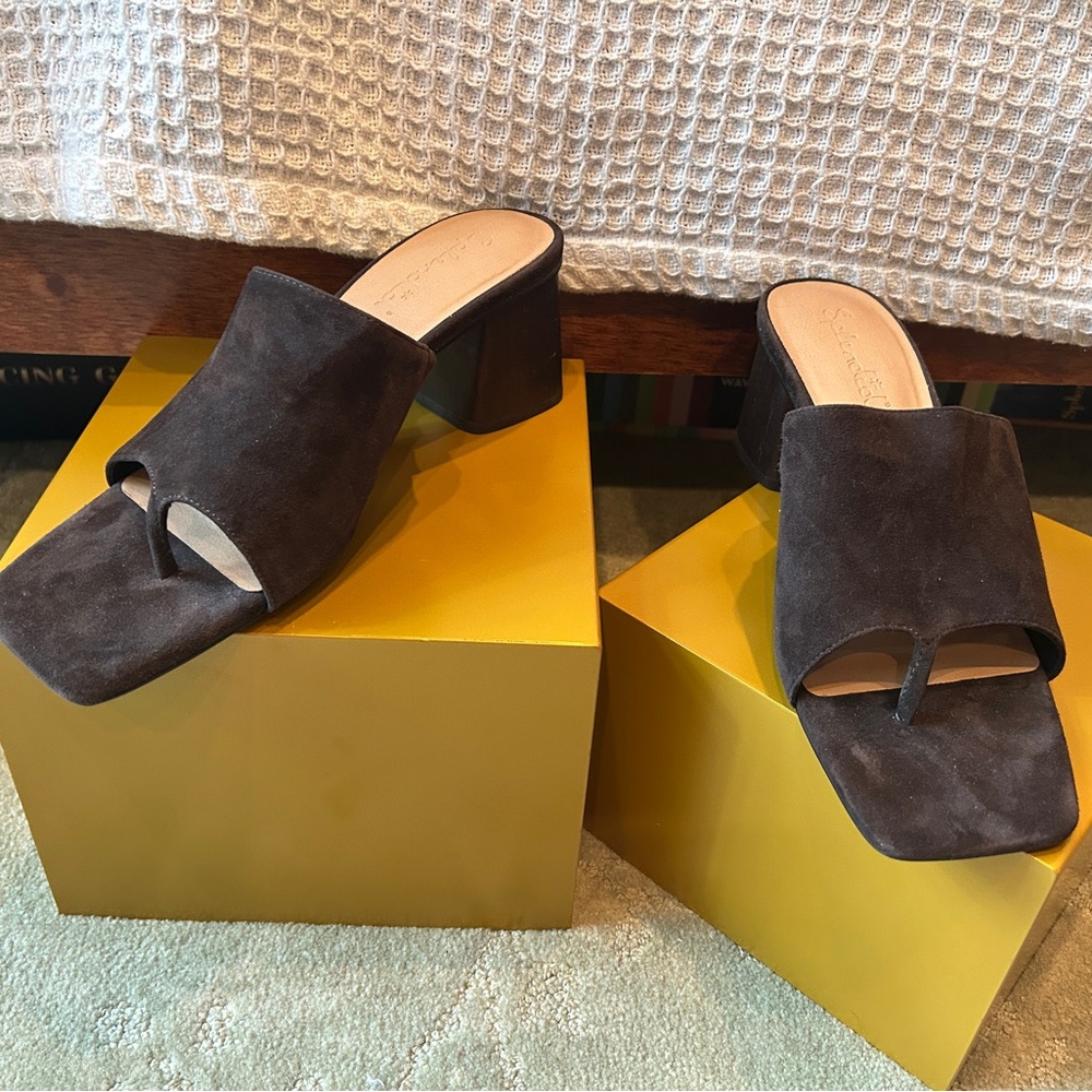 Suede Toe-Ring Block Heel Mules - Black